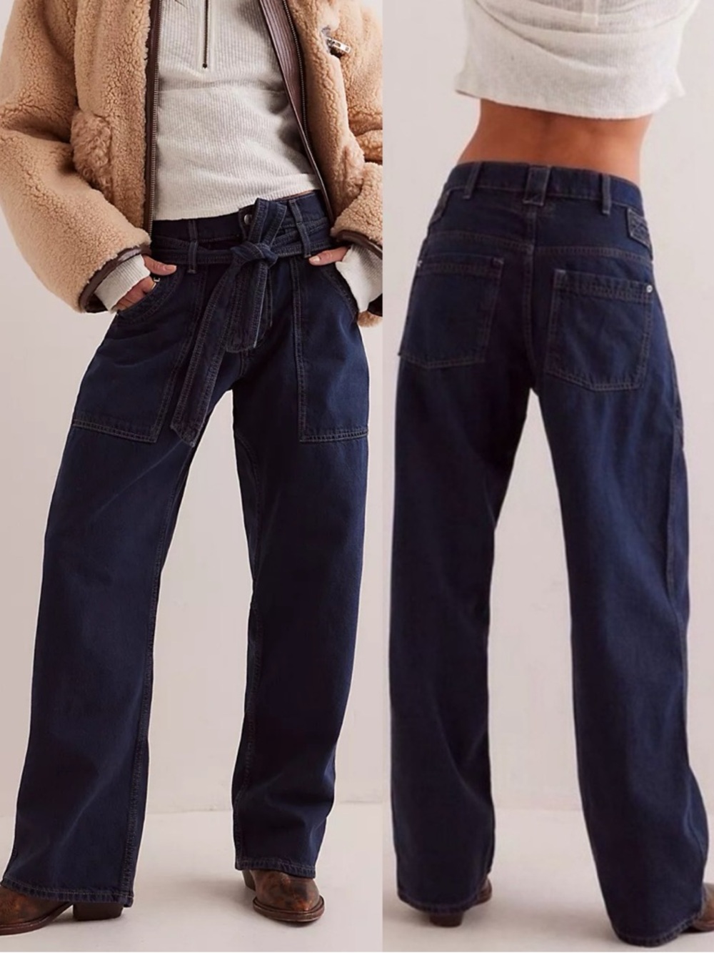 NEW Free People Blue Jay Belted Boyfriend Jeans